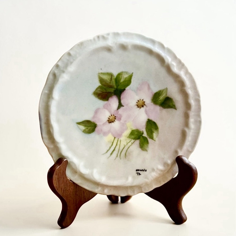 Vintage Porcelain Plate Hand Painted Pink Floral Wild Rose Signed Owanna 1972